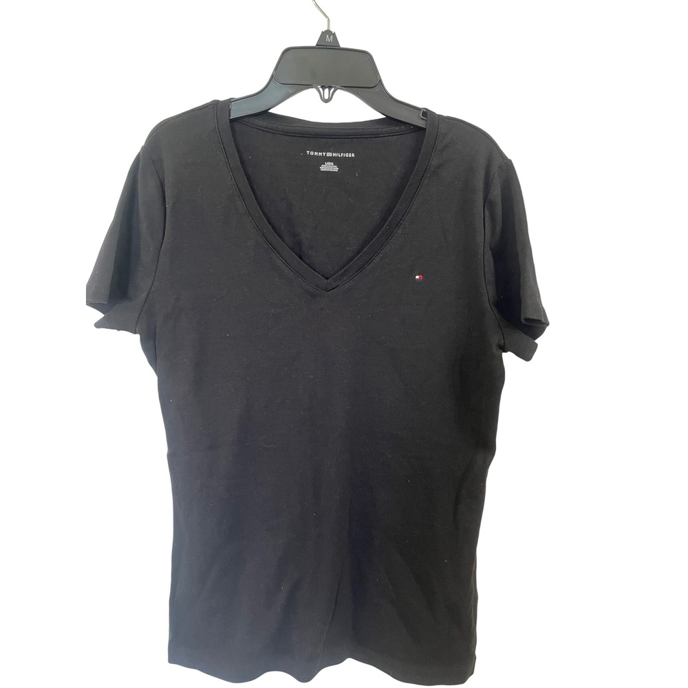 Tommy Hilfiger Womens V-Neck T-Shirt Black Short Sleeve Flag Logo Size Large